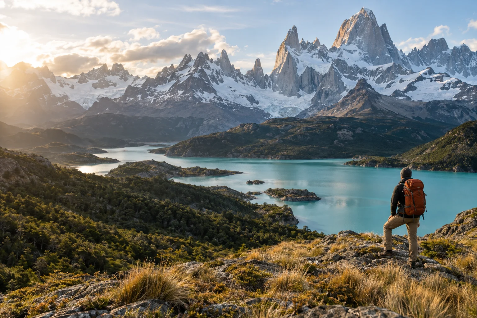 Viajero frente a montañas y un lago turquesa de la Patagonia